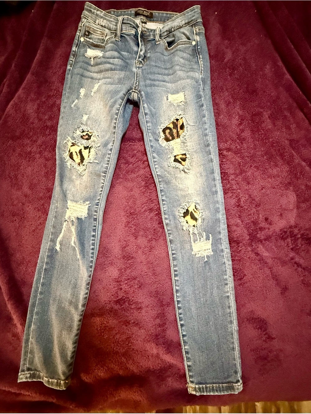 JUDY BLUE Blue Distressed Leopard Patch Skinny Jeans